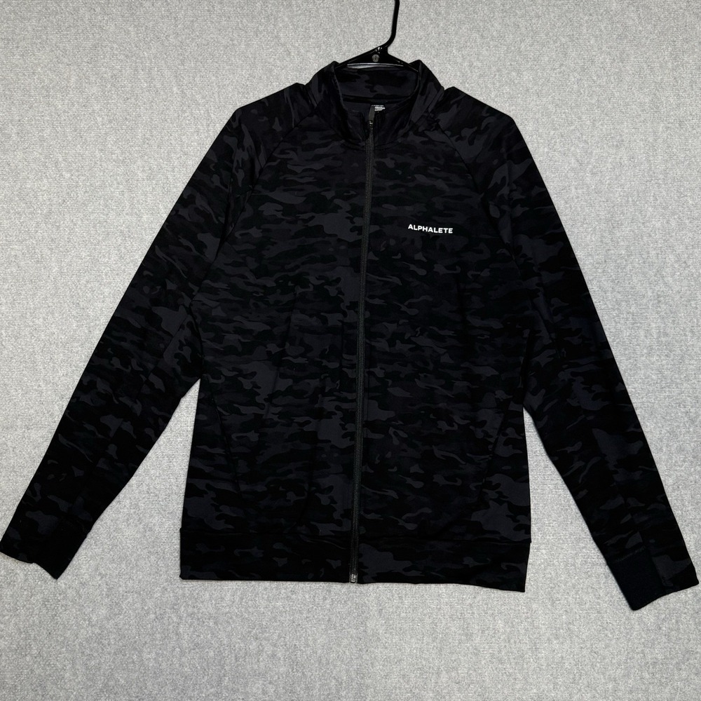 Alphalete Peak Performance Premium Hooded Jacket Black Charcoal Camo Mens Large